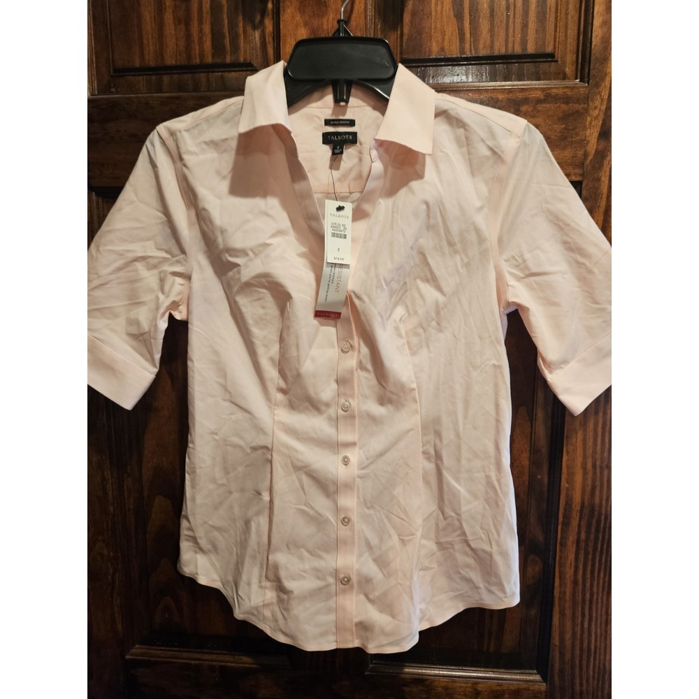 Talbots Womens Size 2 Pale Pink Wrinkle Resistant Short Sleeve Button Down Shirt